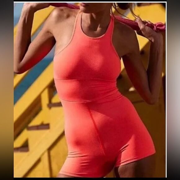 Free People FP Movement Every Single Time Runsie Size XS / S Neon Coral NWT - Picture 1 of 11